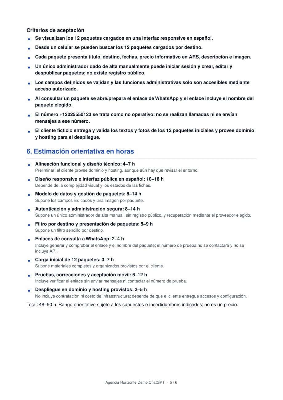 Criterios de aceptación y estimación orientativa en horas, no precios